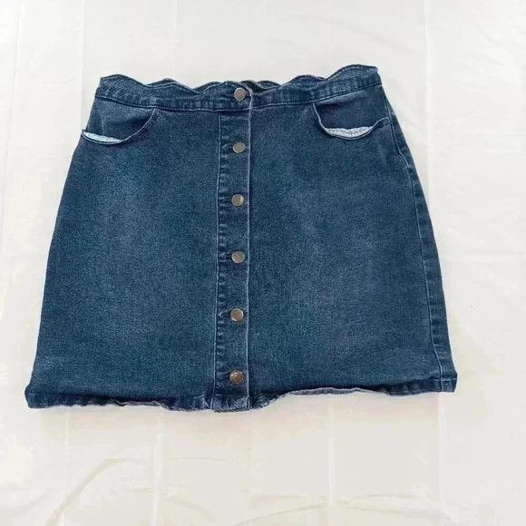 Blu Pepper Denim Jean Skirt Size large Ruffle Waist front button down - Picture 1 of 6